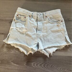 Levi’s 501 Distressed Jean Shorts Button Fly Side Slits size 28